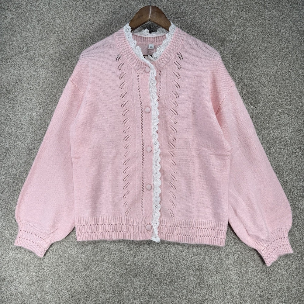 Pink White Lace Trim Knit Cardigan XXL NWT Coquette Romantic Girlhood No Brand